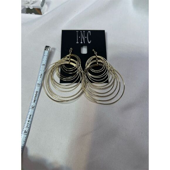 INC Gold Tone Dangle Circle Fish Hook Earrings Nickel-Free Sparkley - Picture 3 of 6